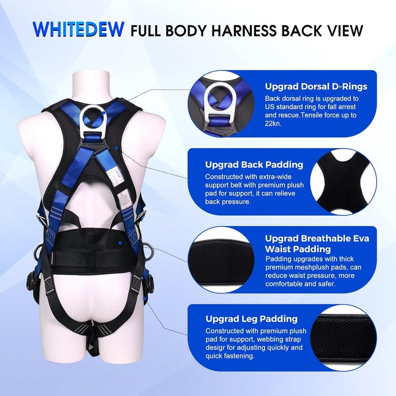 Whitedew Fall Protection Premium Safety Harness with Shock Absorbing Lanyard, Vented & Padded Shoulder, Legs & Back - Upgrade 4 Quick Buckles (Blue) - Image 3